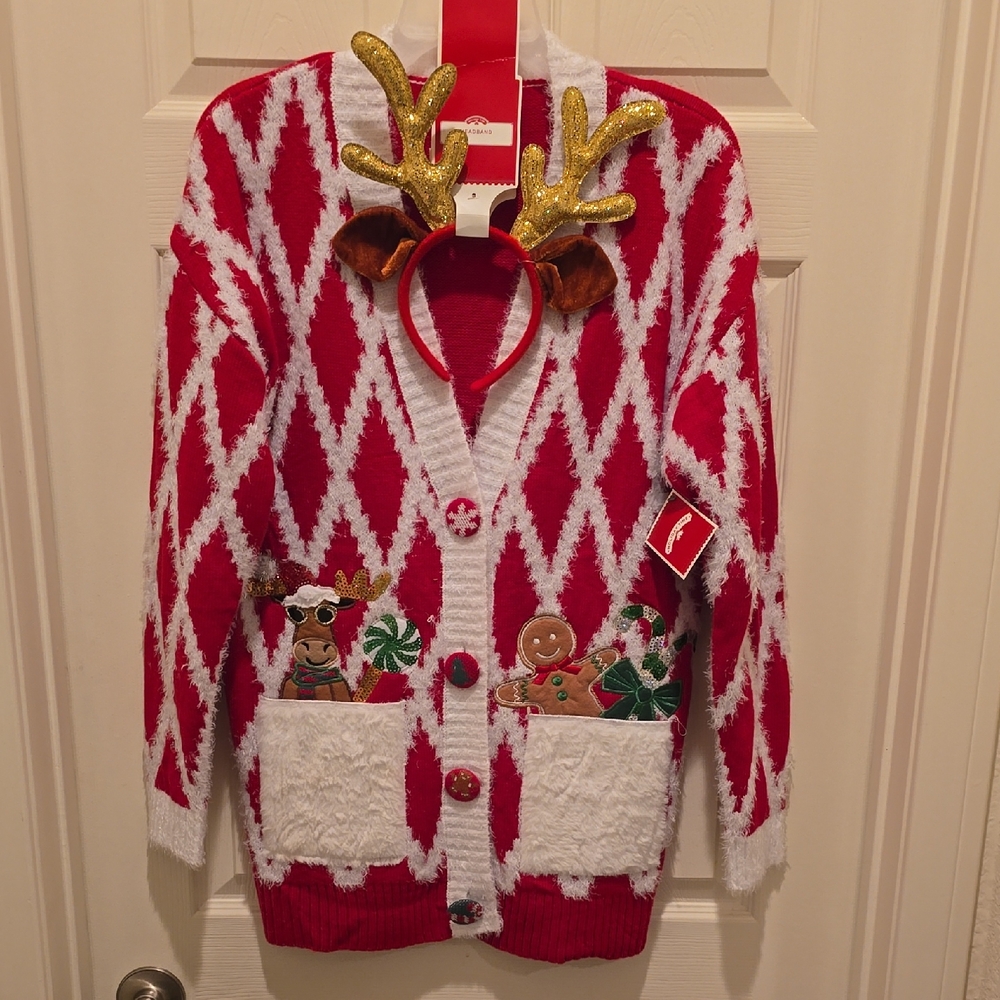 Festive Christmas Red and White Button Up Cardigan with Reindeer Antlers NWT